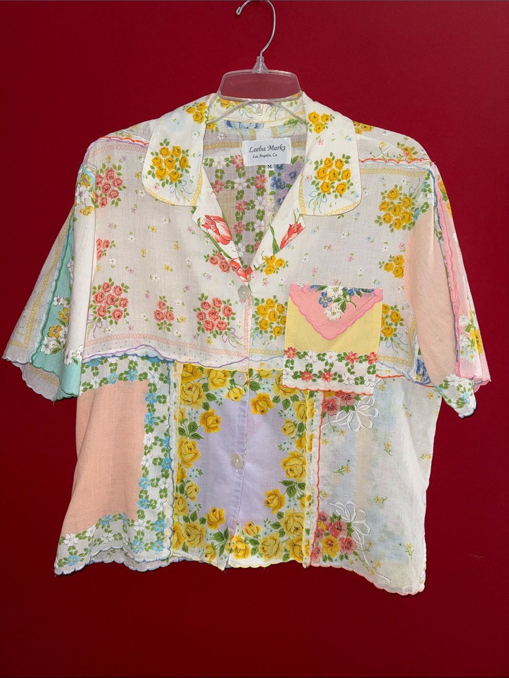 Vintage Handkerchief Patchwork Handmade Shortsleeved Blouse by Leeba Marks Sz M